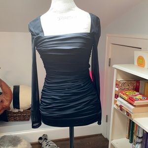 Rouched little black long sleeve dress
